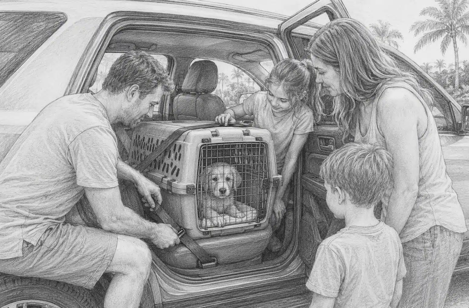 Family securing puppy carrier in SUV back seat