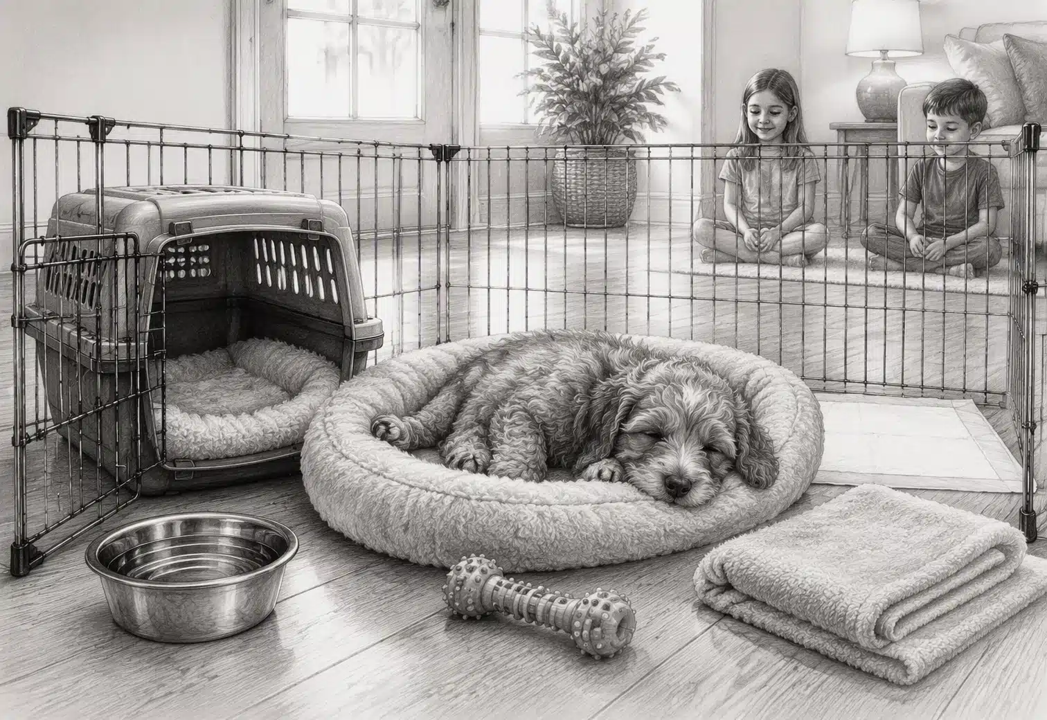 Young Cavapoo resting in a cozy playpen with soft bedding and chew toy