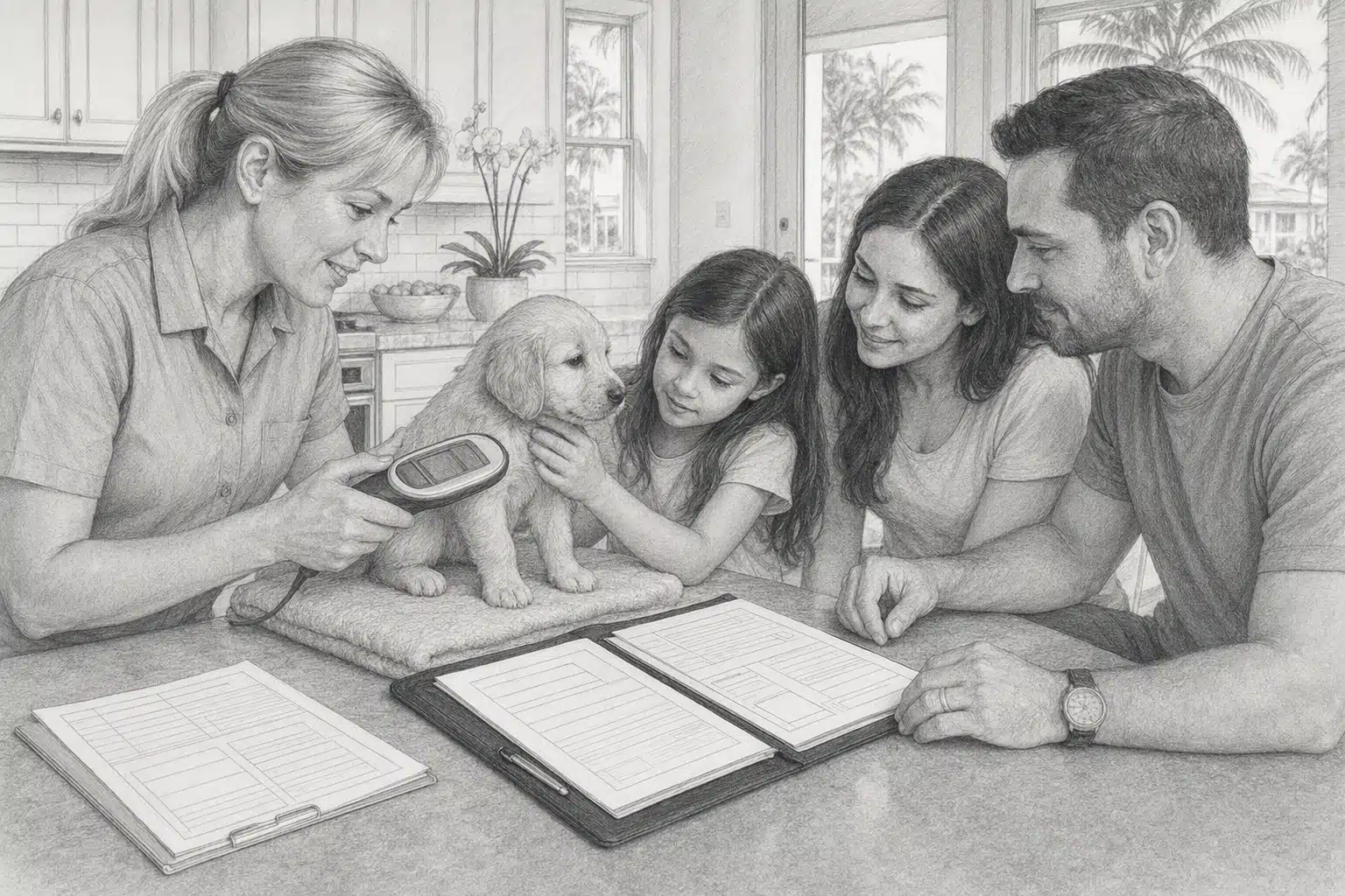 Breeder and family reviewing puppy microchip paperwork