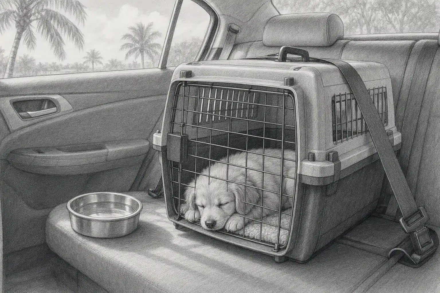 Sleepy puppy resting in secured crate during travel