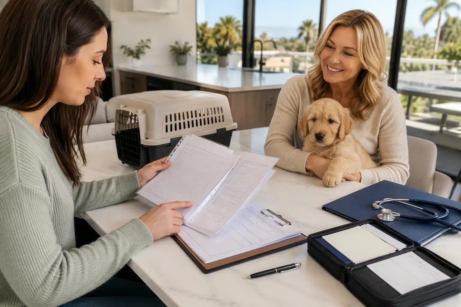 Buyer reviewing puppy contract and vet records at kitchen table