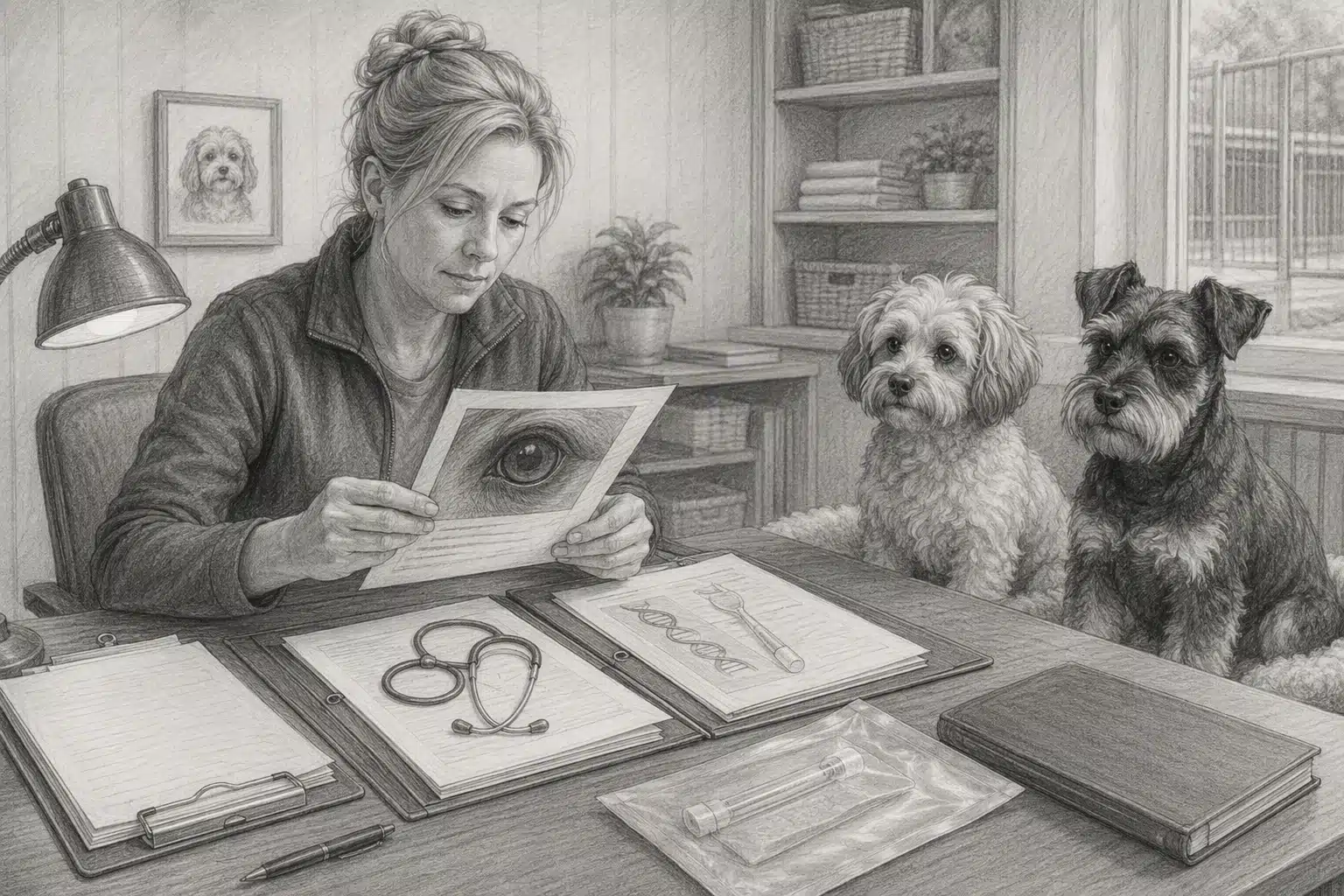Breeder reviewing health records with two small dogs