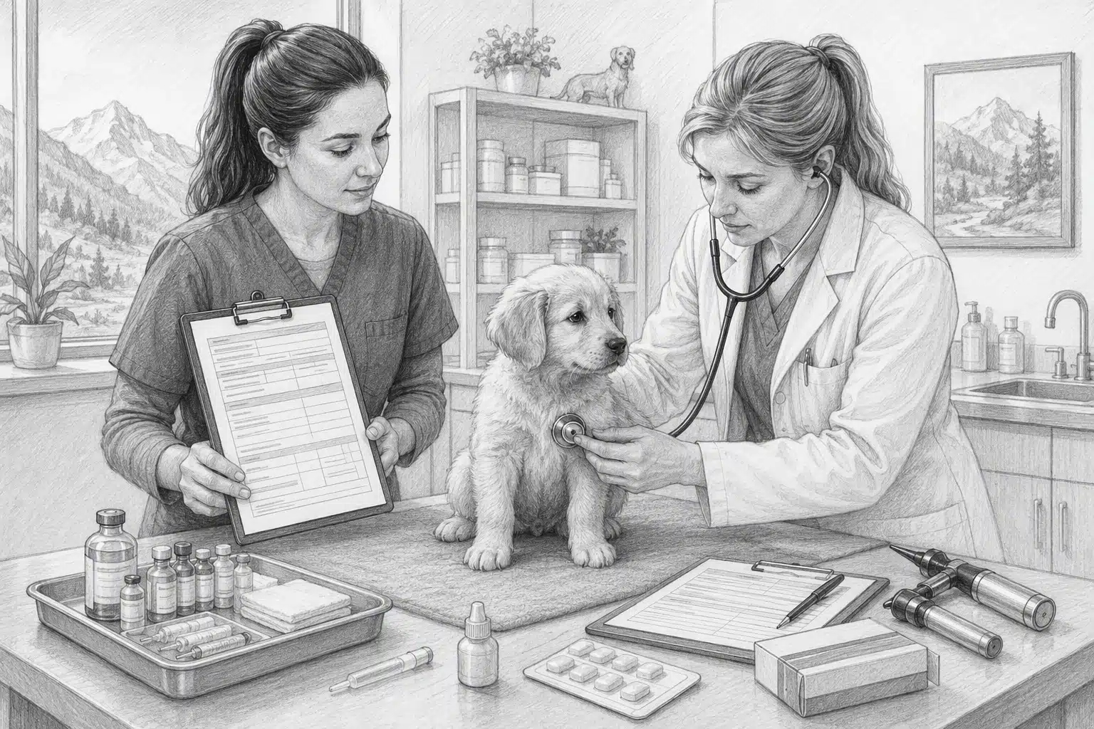 Vet technician reviewing puppy exam record