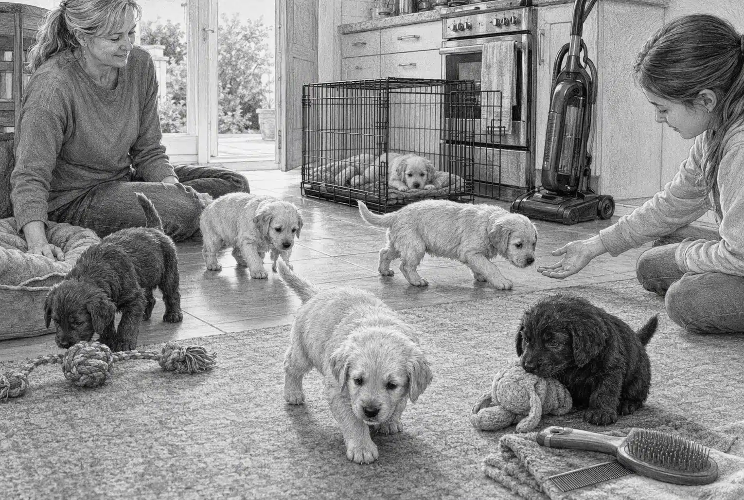 Puppies exploring a home kitchen with toys and crate