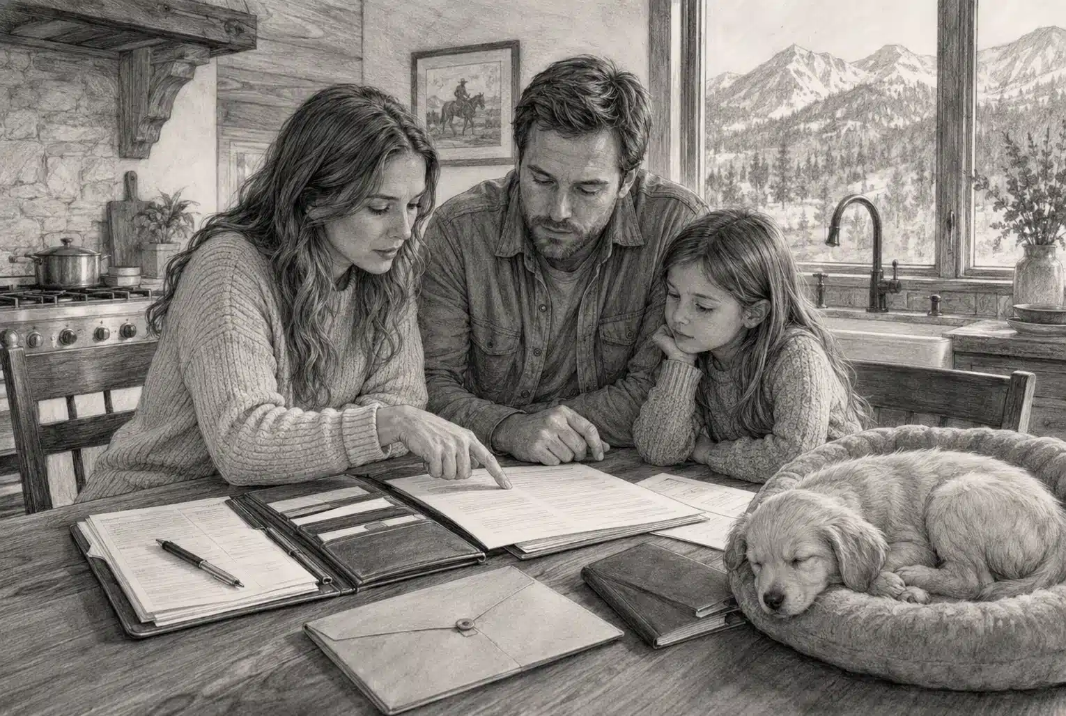 Family reviewing puppy contract at kitchen table