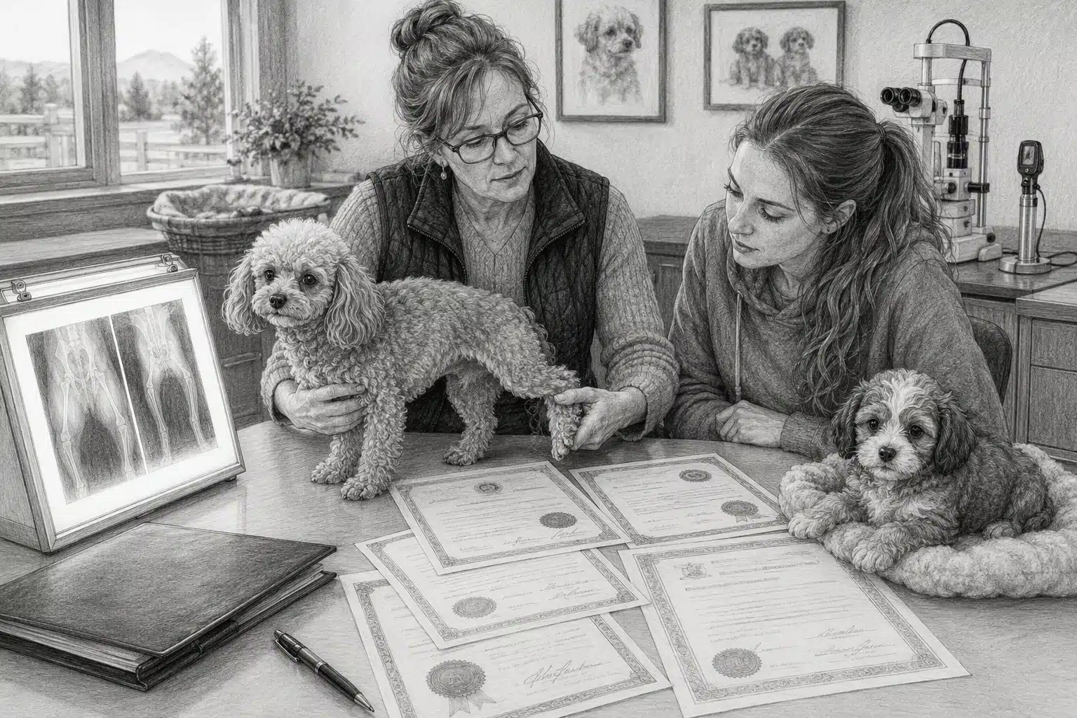 Breeder reviewing health certificates with puppy buyer