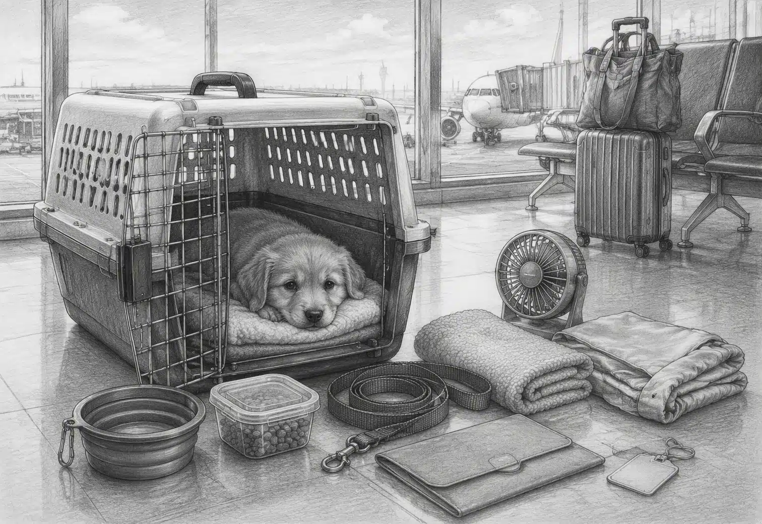 Puppy in airline-approved carrier at airport gate