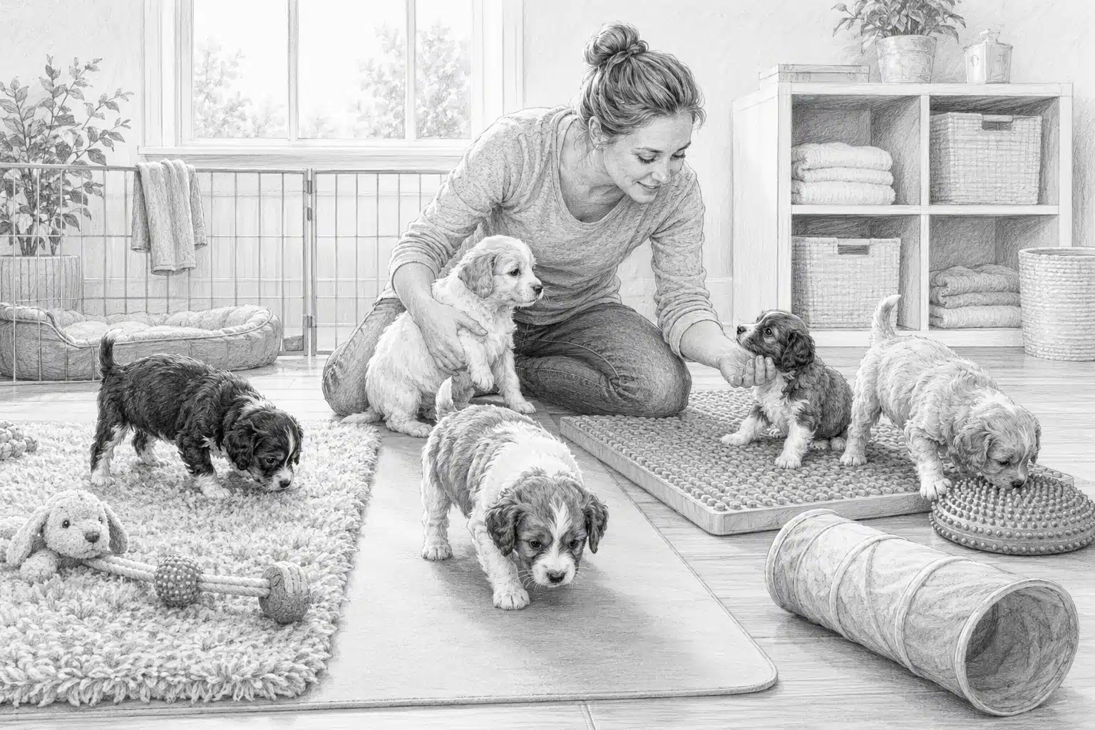 Family breeder gently handling puppies on varied flooring