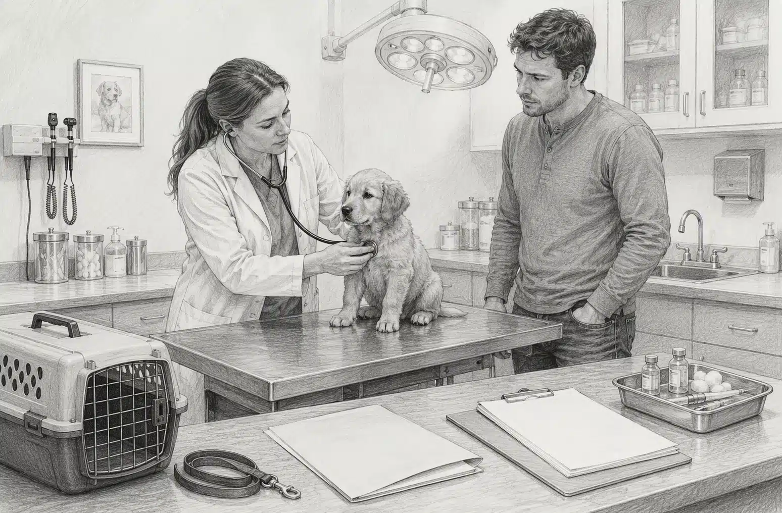 Puppy at veterinary exam with paperwork