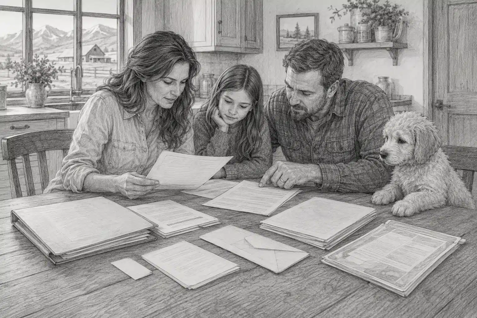 Family reviewing puppy health records at kitchen table