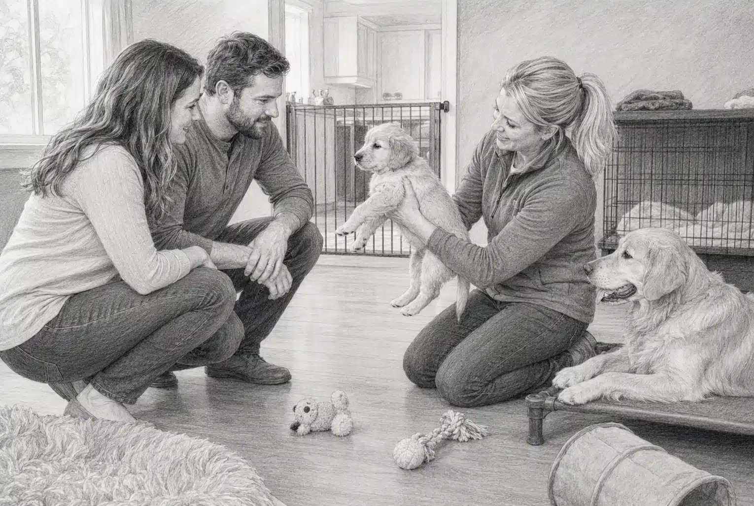 Parents observing calm puppy with breeder in tidy playroom