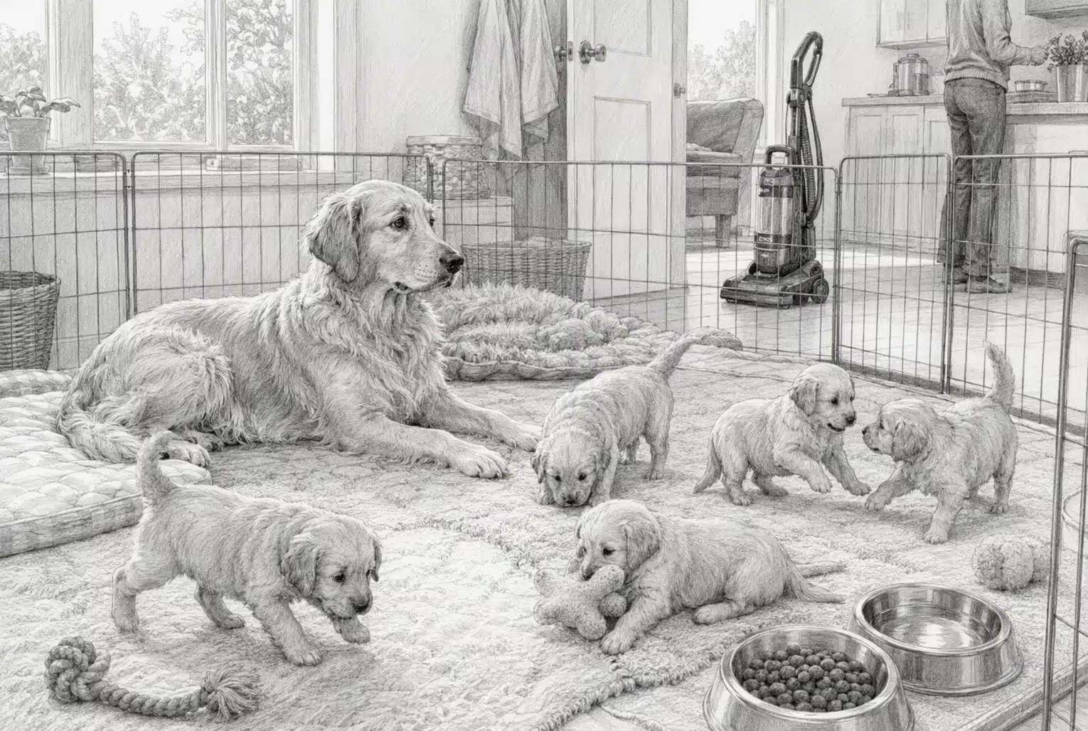 Mother dog resting with playful puppies in bright indoor pen