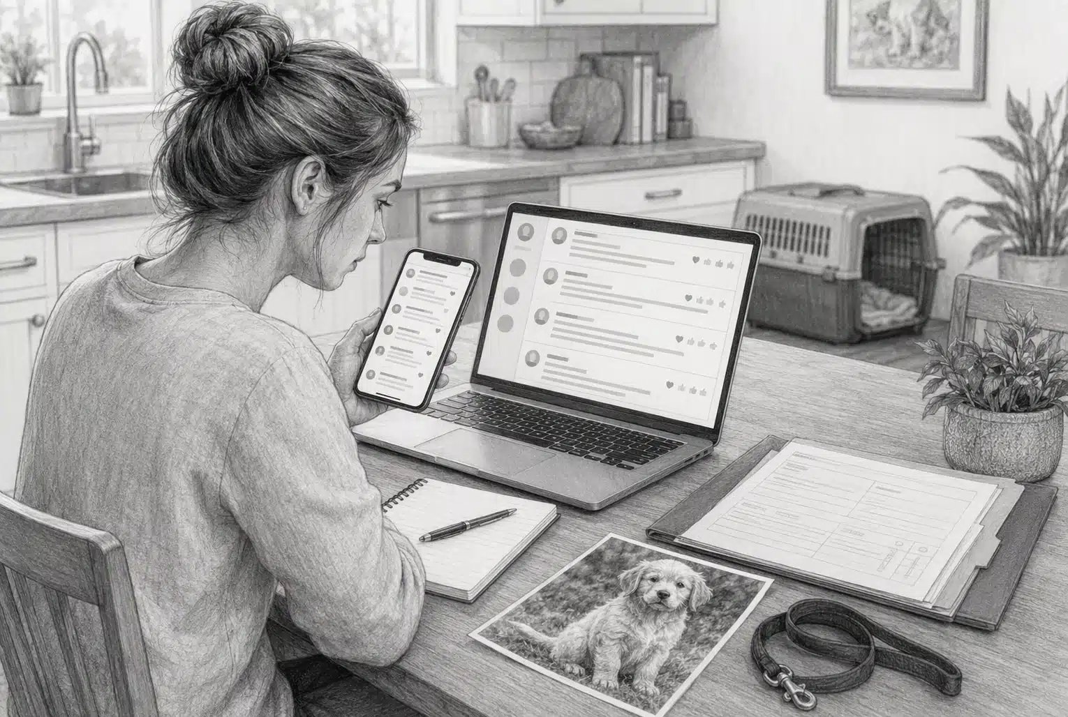 Buyer comparing breeder reviews on phone and laptop