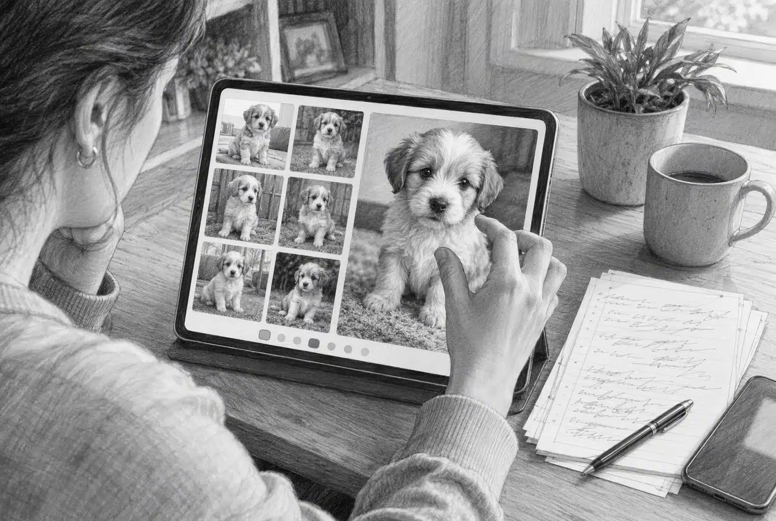 Buyer examining puppy listing photos on tablet