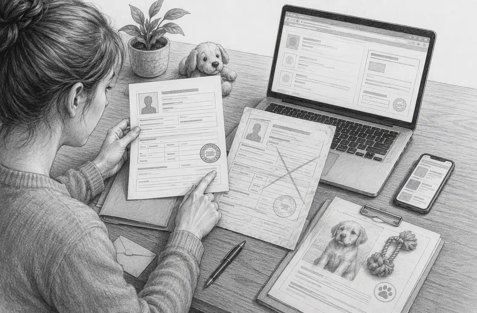 Buyer reviewing license records and puppy contract