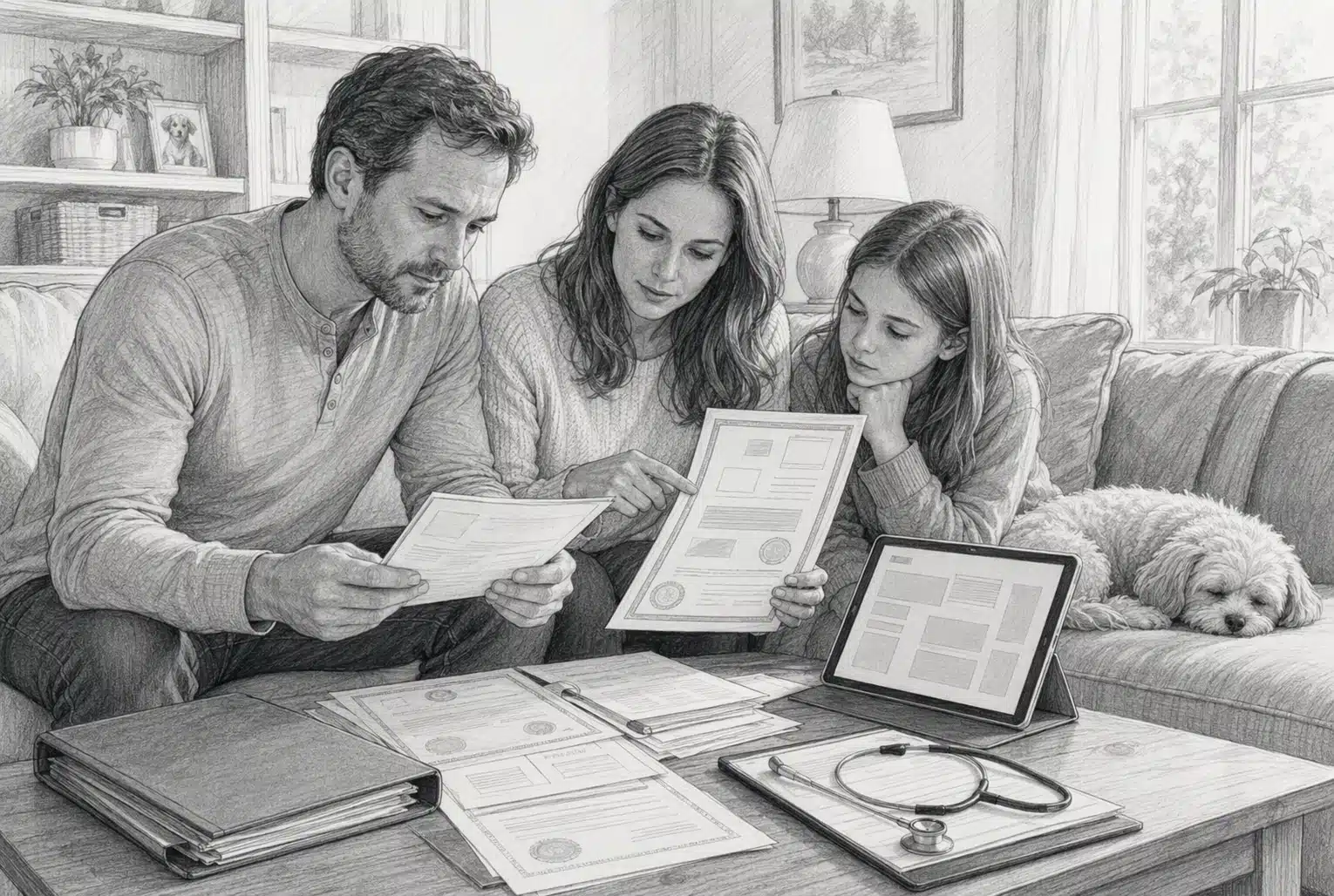 Family reviewing puppy health certificates on sofa