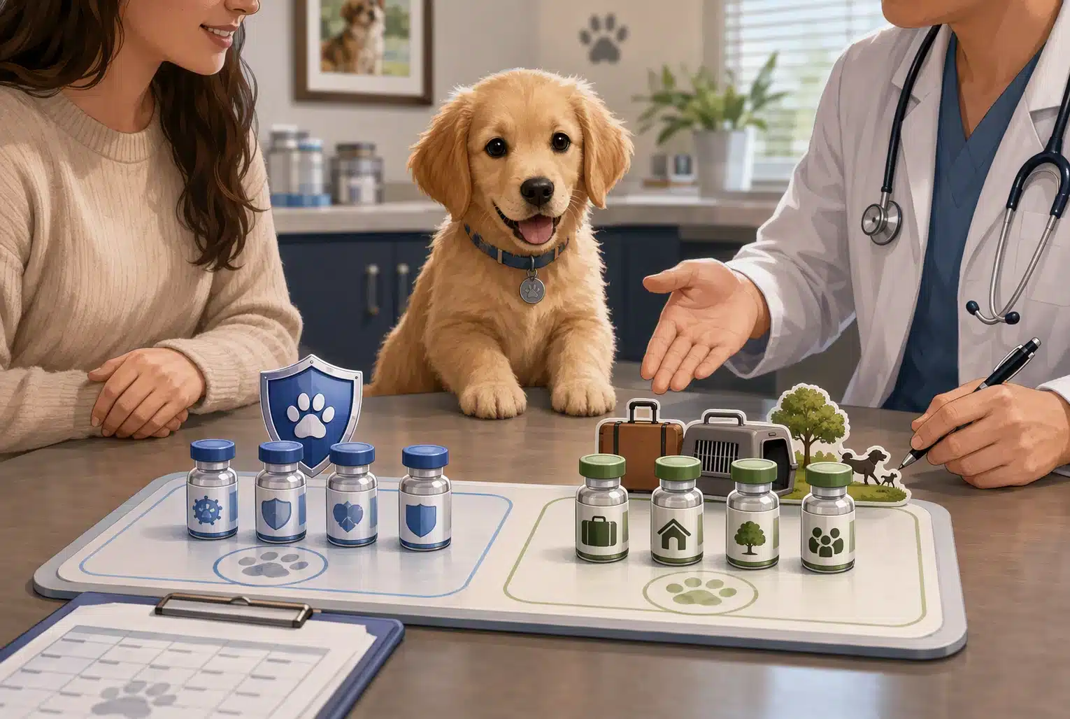 Cartoon puppy vaccination record with categorized vaccine groups