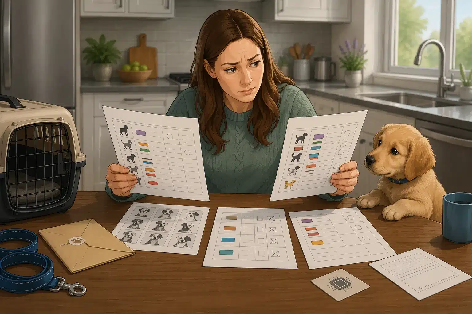 Puppy owner compares vaccination stickers at kitchen table