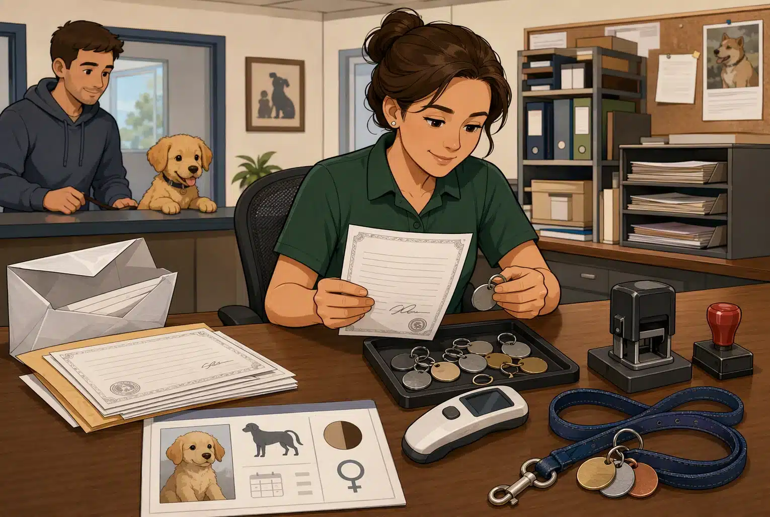County clerk reviewing dog rabies certificate and tags