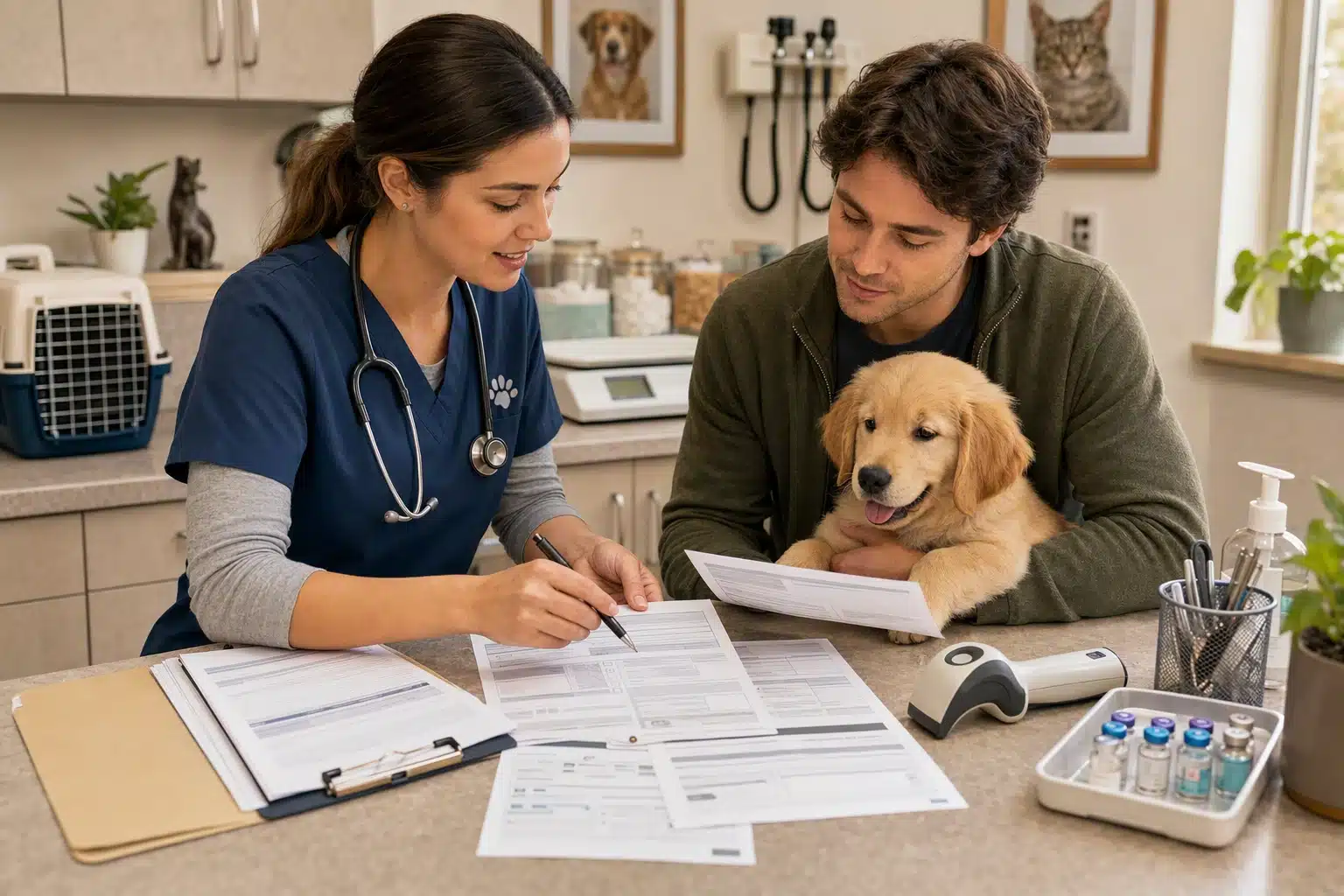 Veterinarian and puppy owner reviewing vaccination paperwork