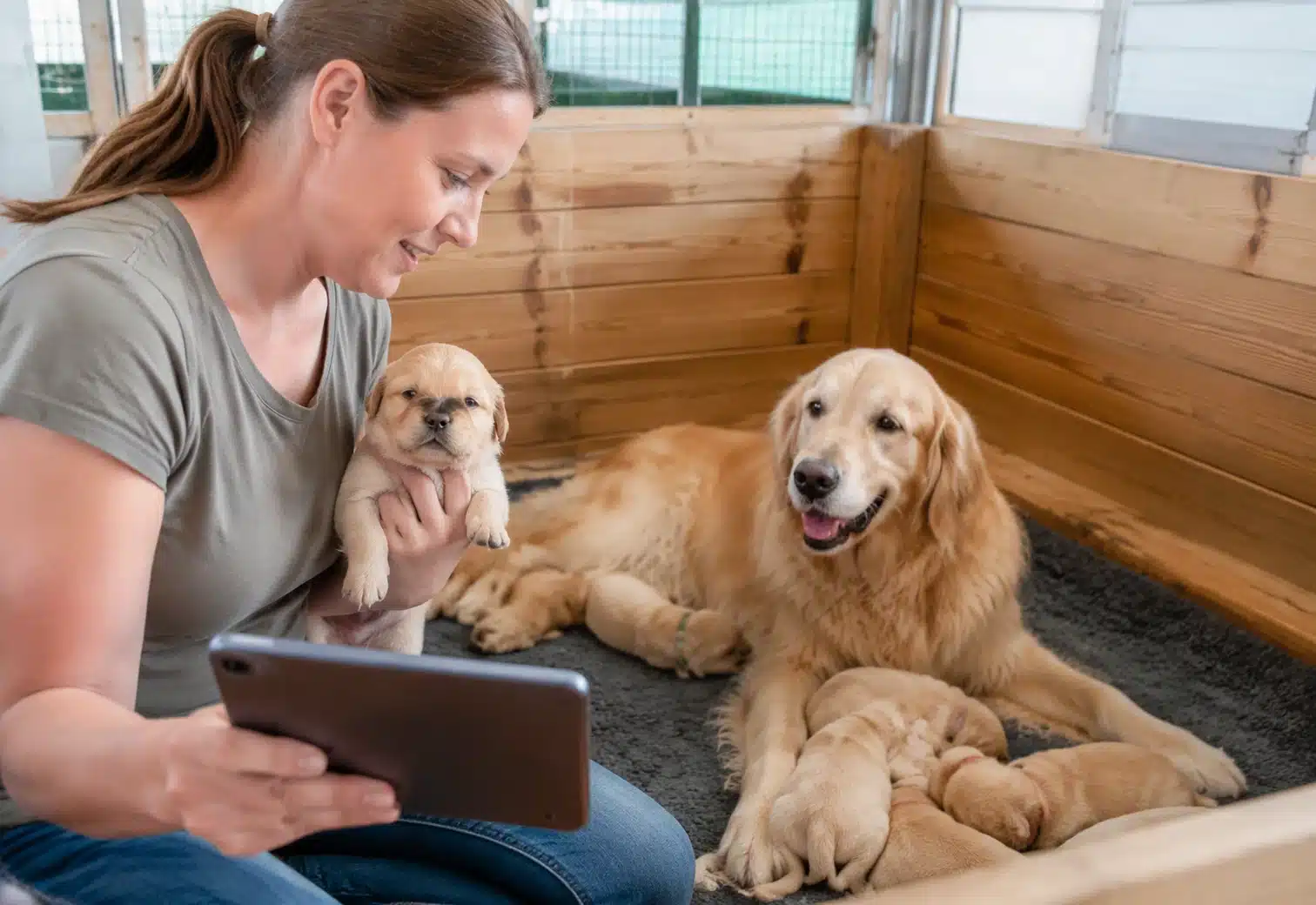 Breeder holding puppy during live video call