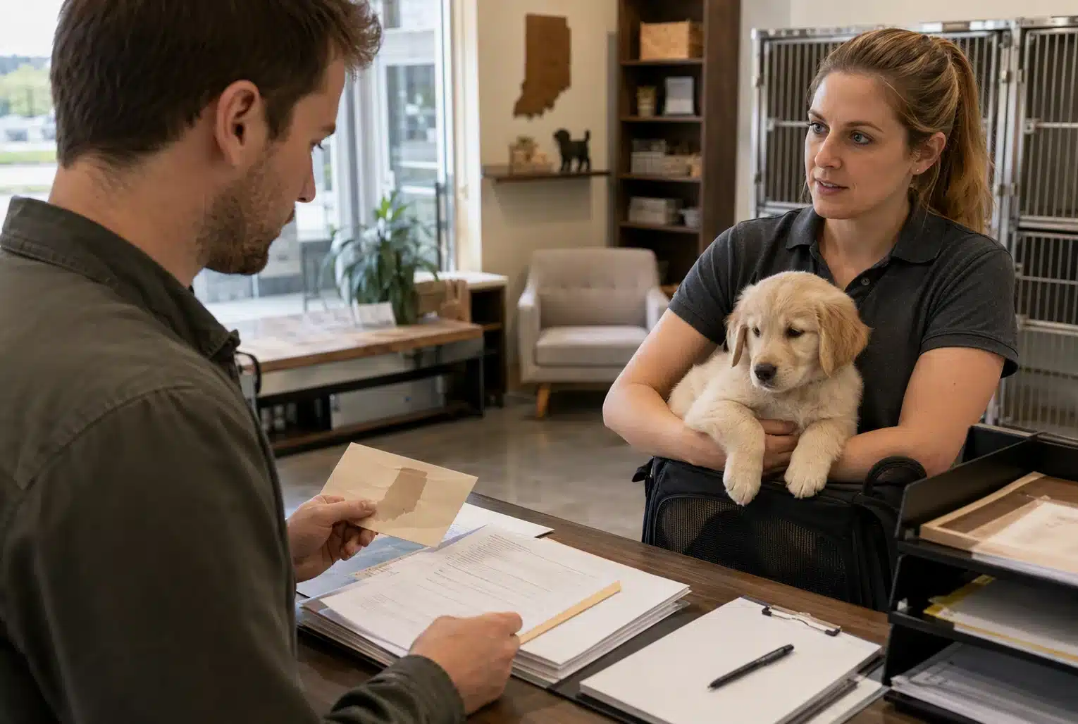 Buyer examining puppy health papers at pet store counter