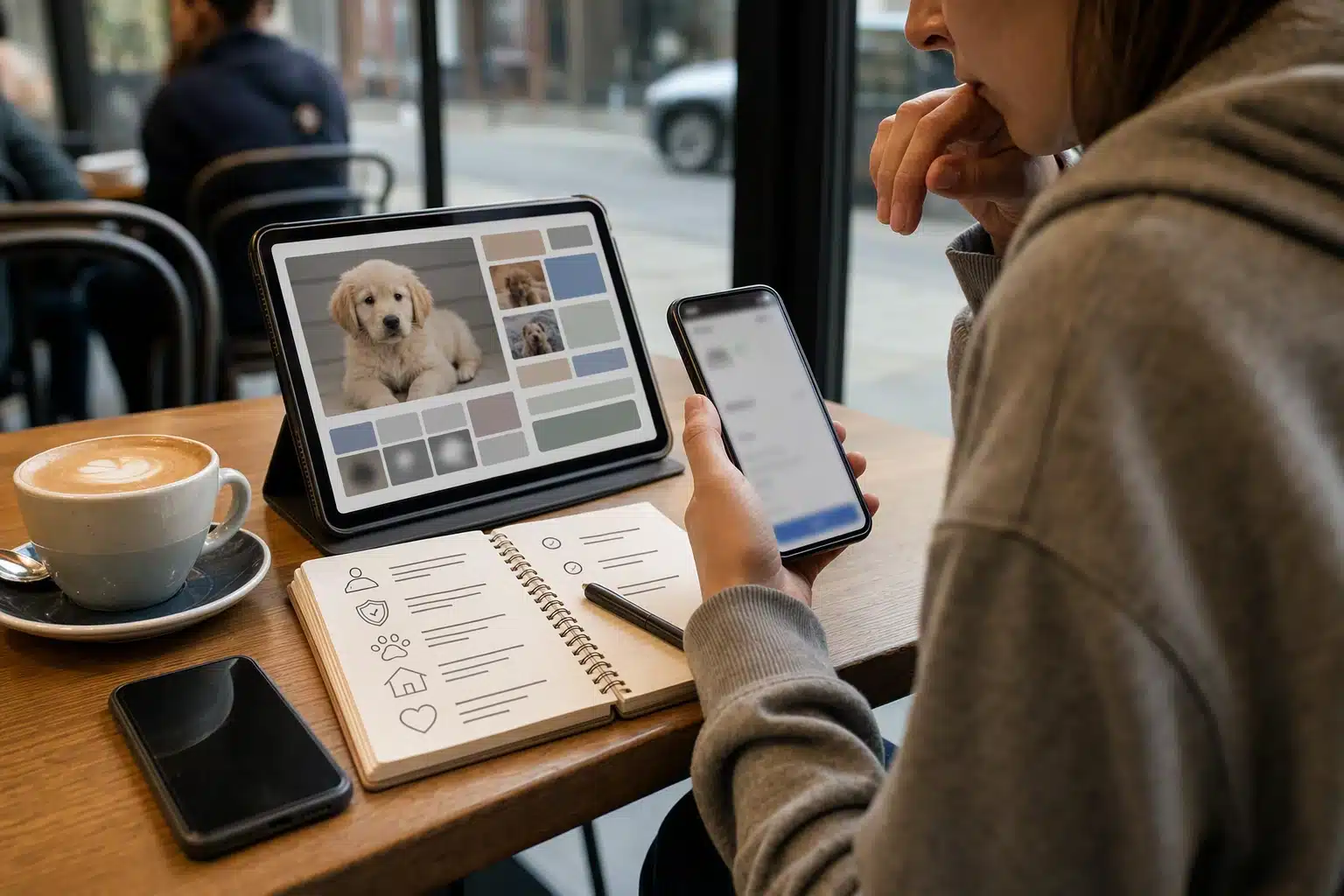 Buyer pausing payment app at coffee shop table