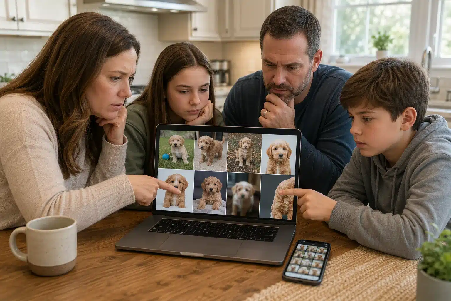 Family comparing puppy photos on laptop at kitchen table