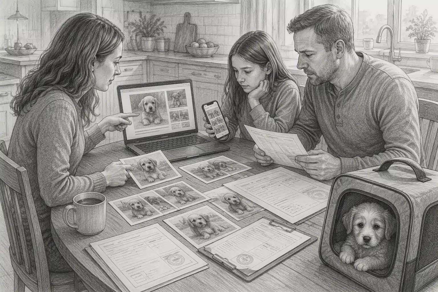 Family reviewing puppy photos and health records at kitchen table