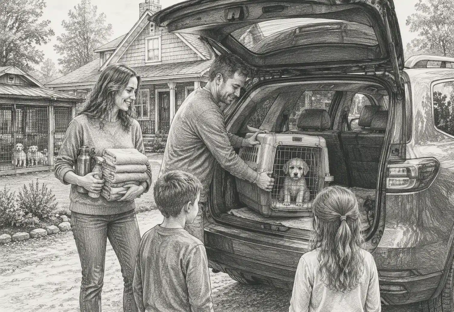 Family loading puppy crate into SUV outside breeder home