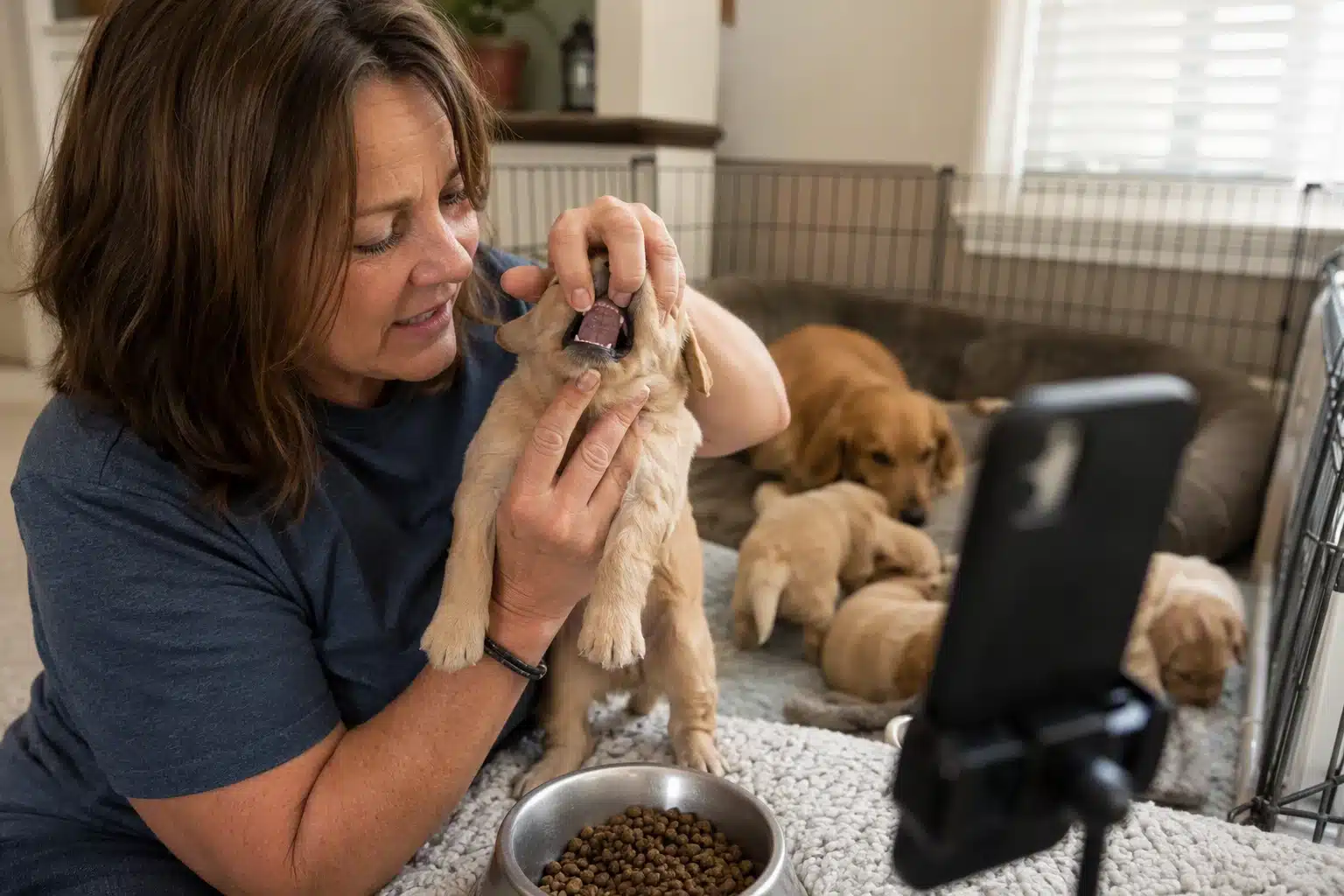 Breeder holding puppy during live video call