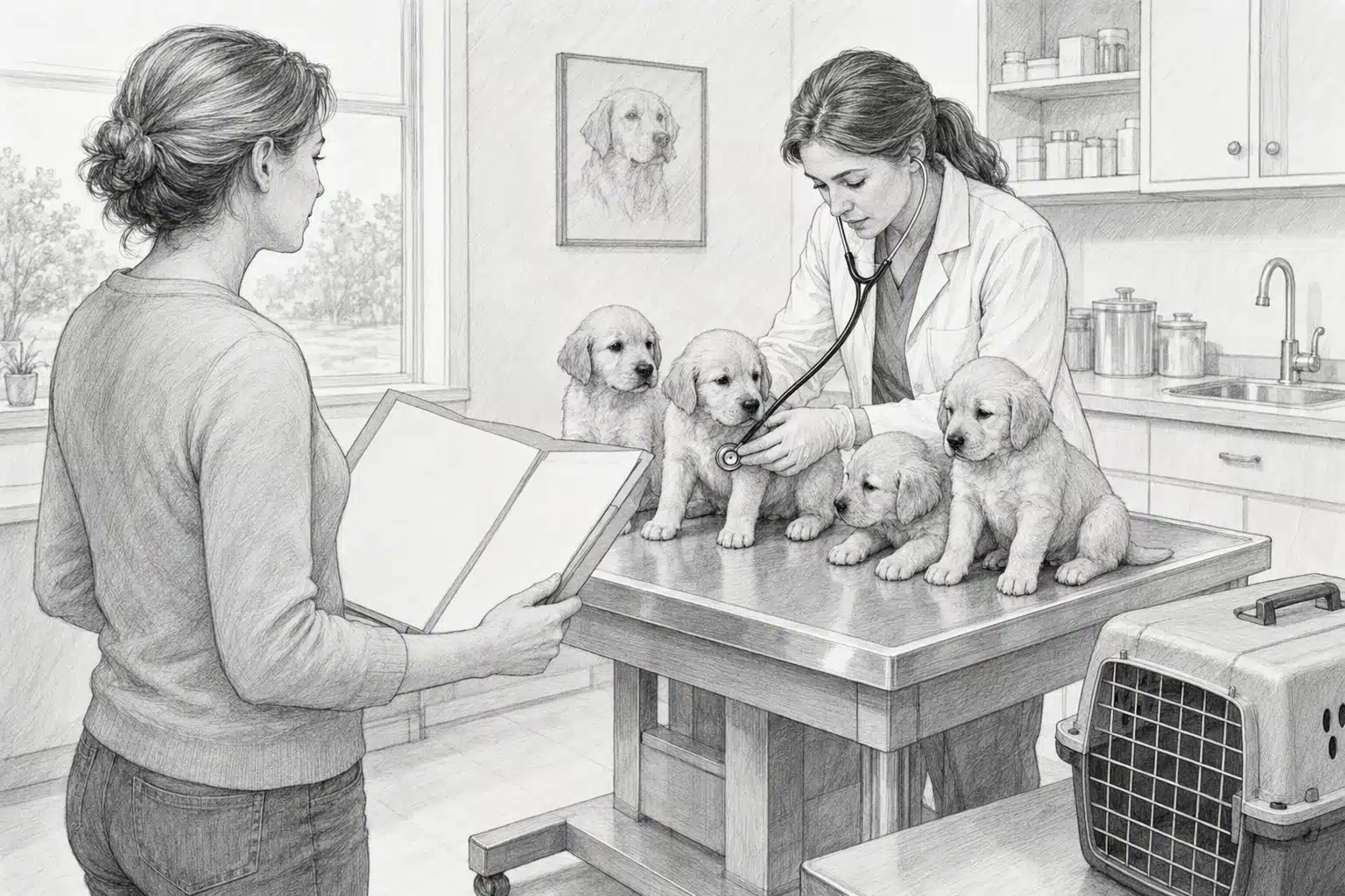 Breeder holding puppy exam record with veterinarian in clinic