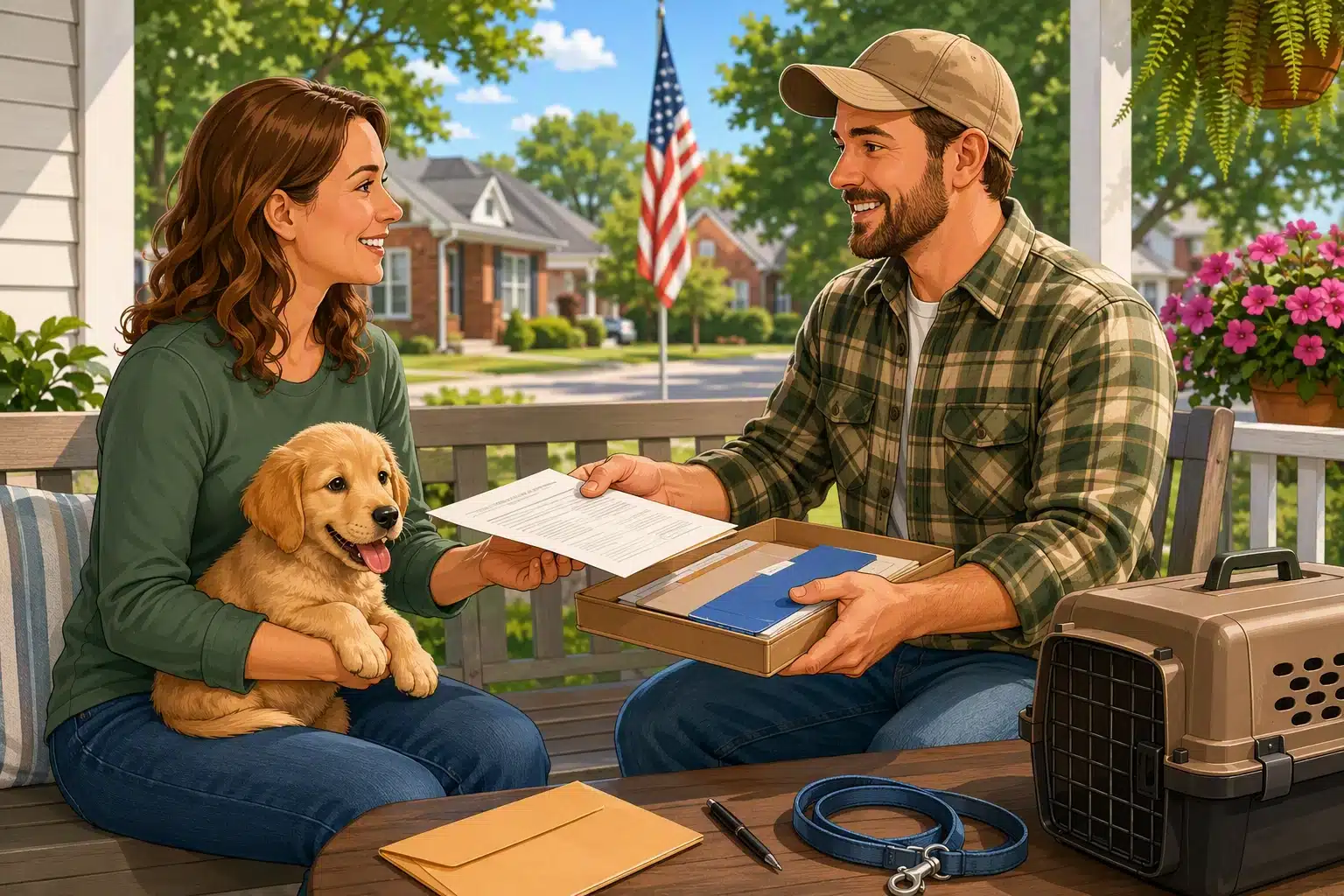 Breeder handing puppy folder and signed contract on porch