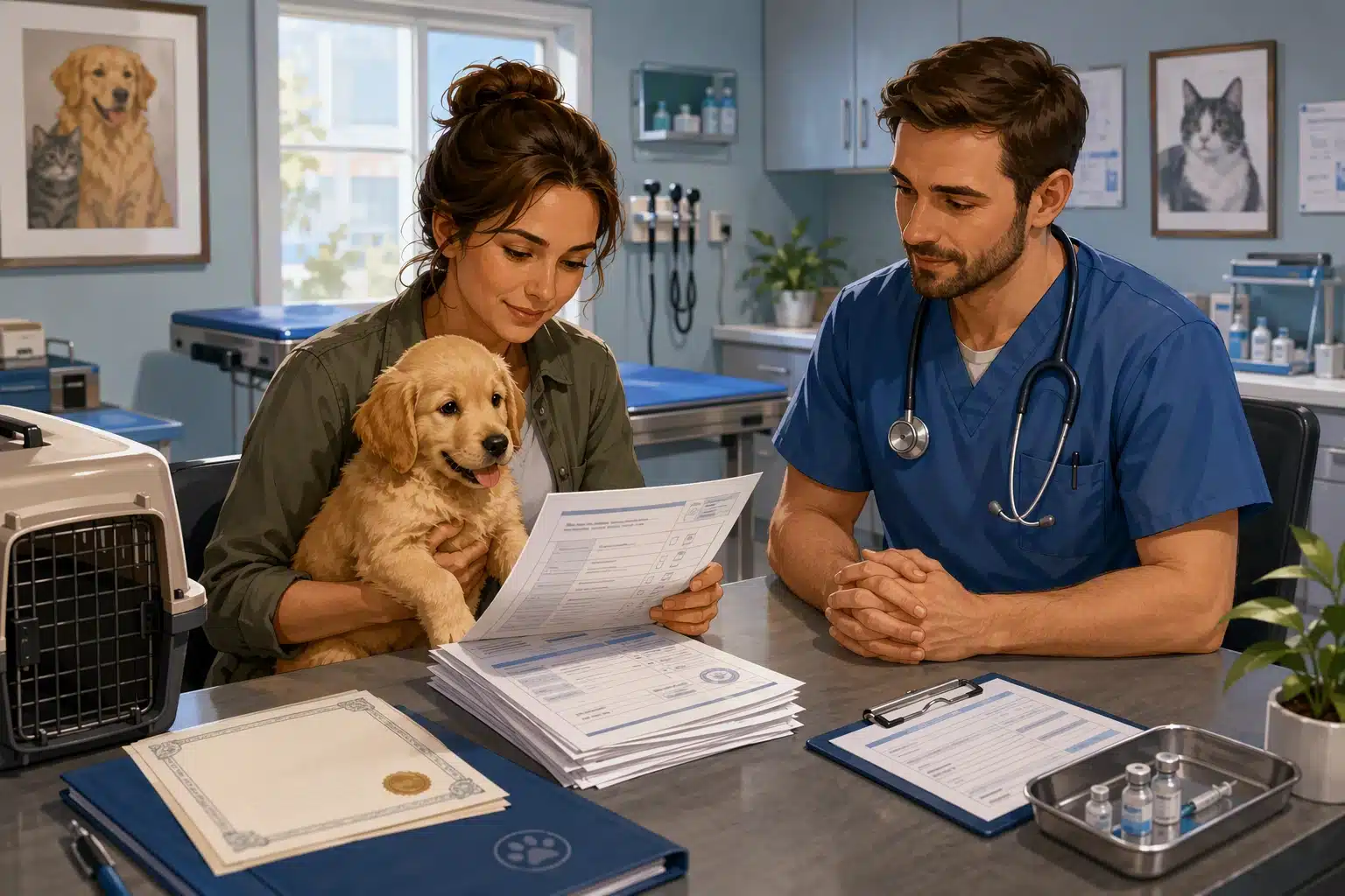 Breeder reviewing puppy exam papers at vet desk