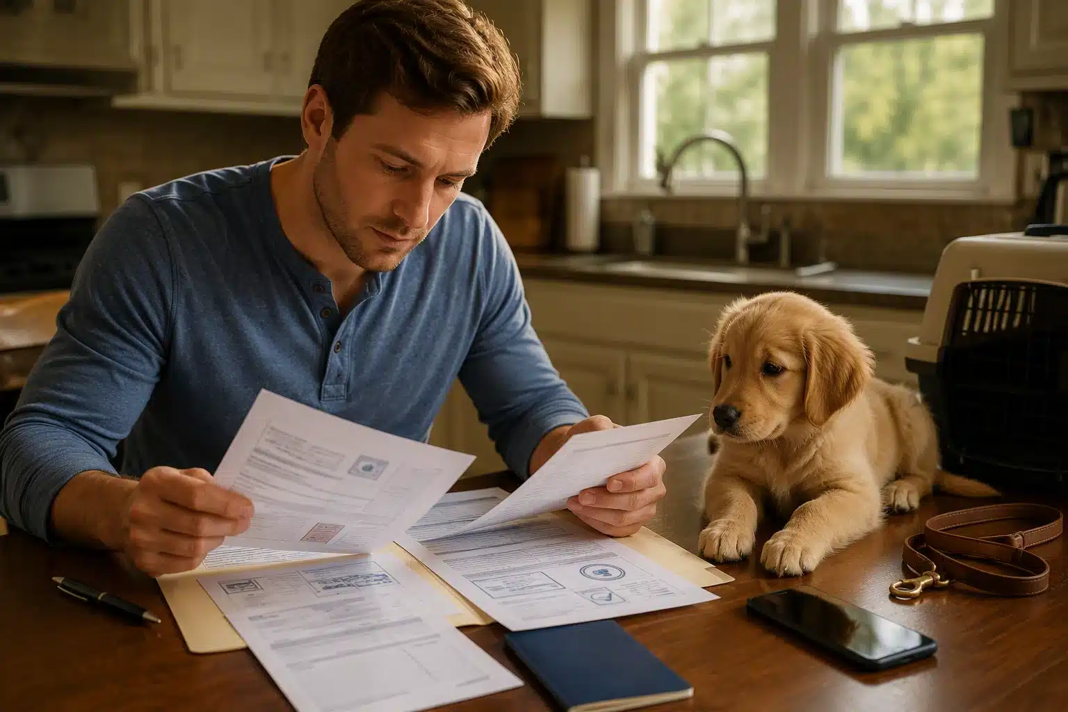 Puppy owner reviewing vaccination records at kitchen table