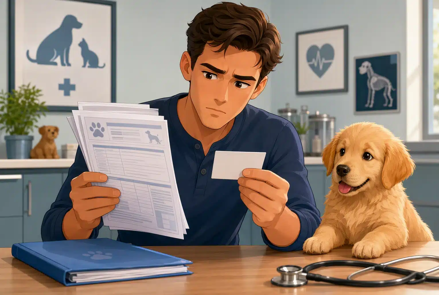 Puppy buyer compares vet forms and clinic card