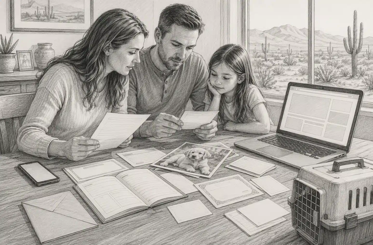 Family reviewing puppy breeder documents and vaccination records