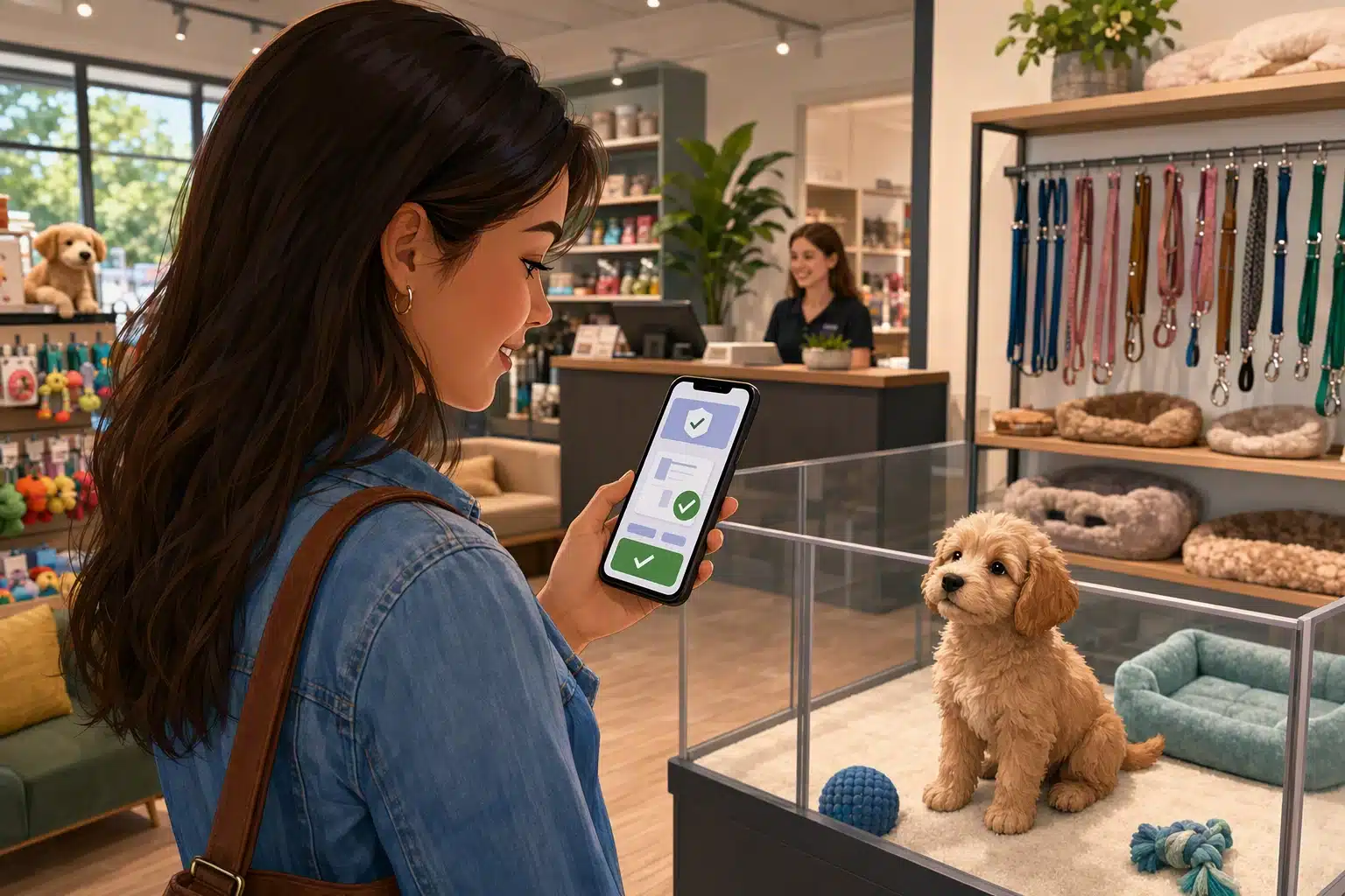 Buyer inspecting Arkansas pet store registration on phone inside puppy boutique