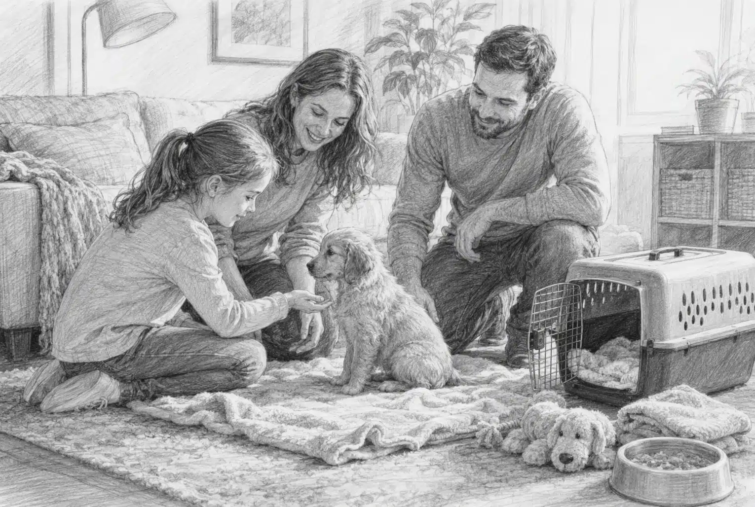 Parents and child meeting puppy in bright living room