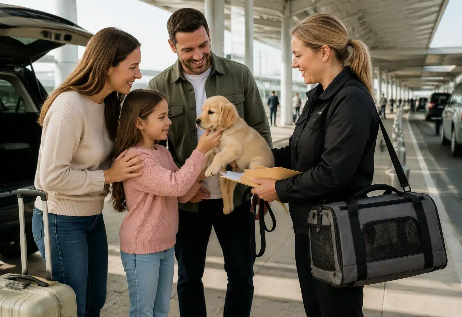 Family meeting a transport caregiver at airport arrivals curb