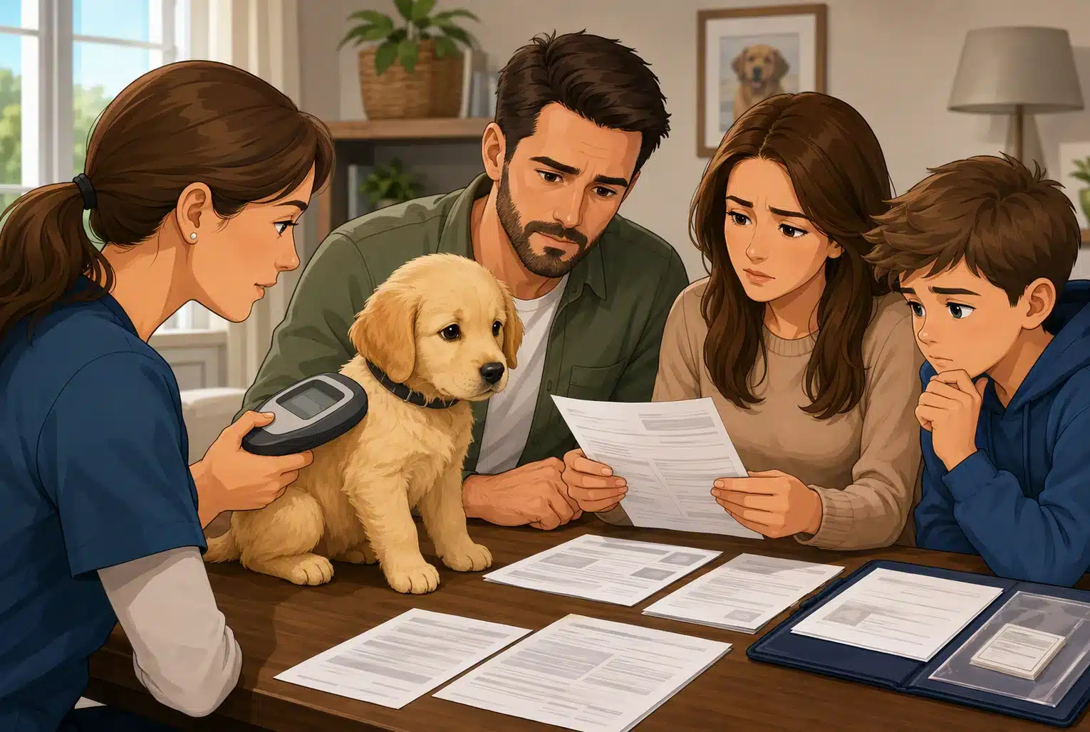 Family reviewing puppy microchip scan indoors