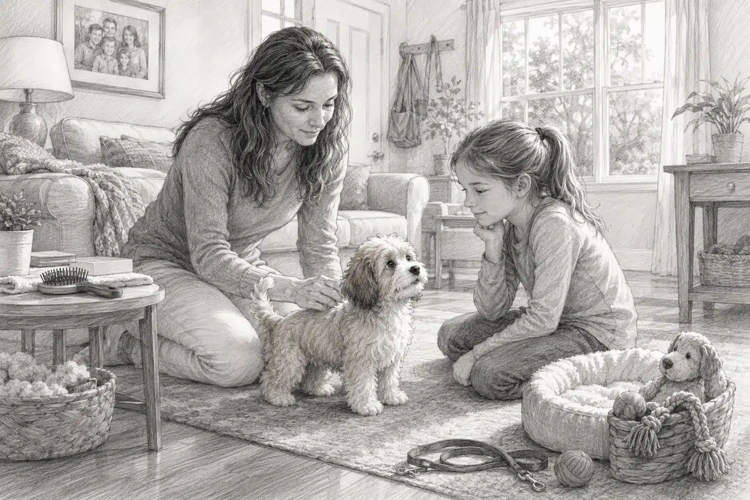 Mother and child meeting fluffy puppy in bright living room