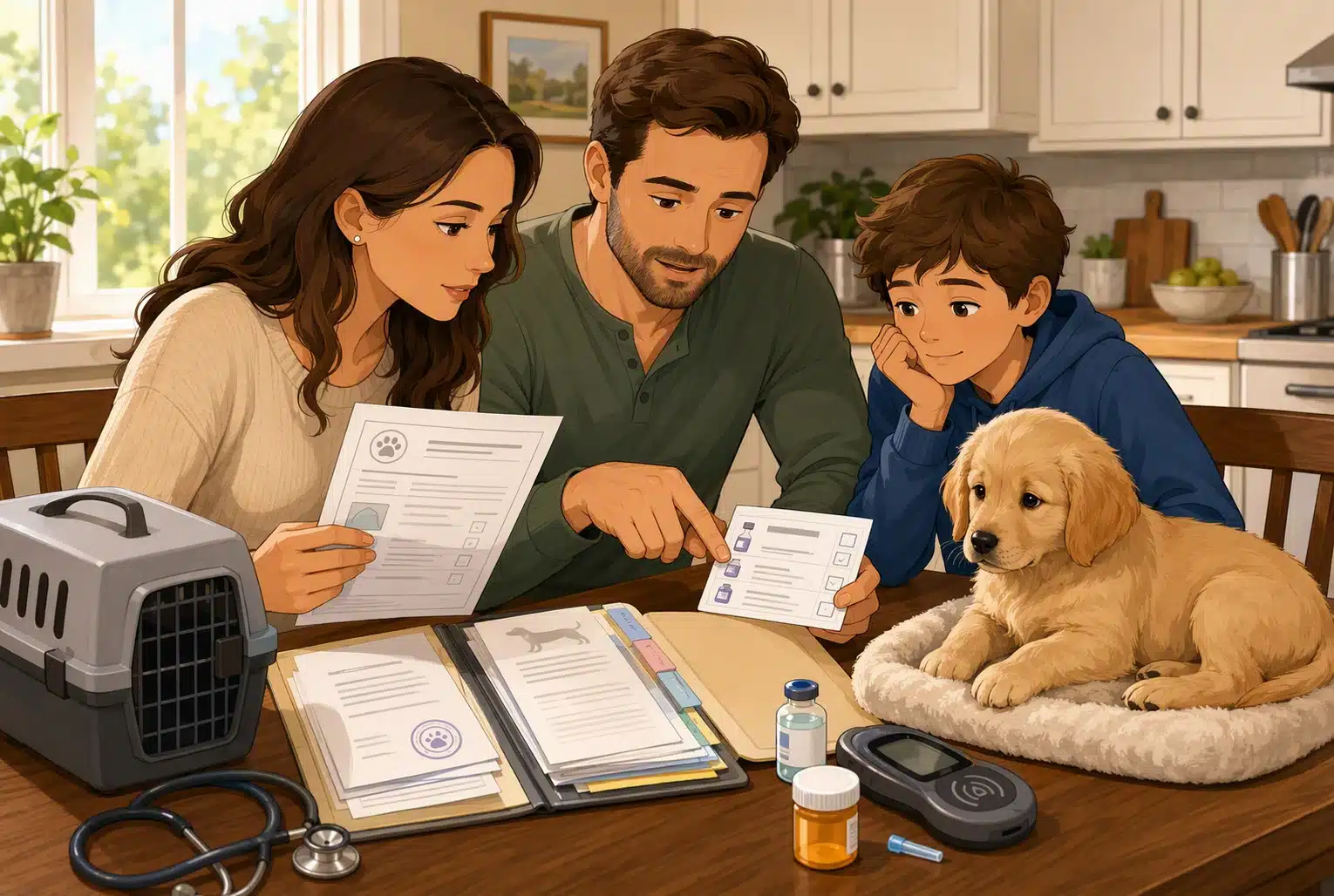 Family reviewing puppy vaccination records at kitchen table