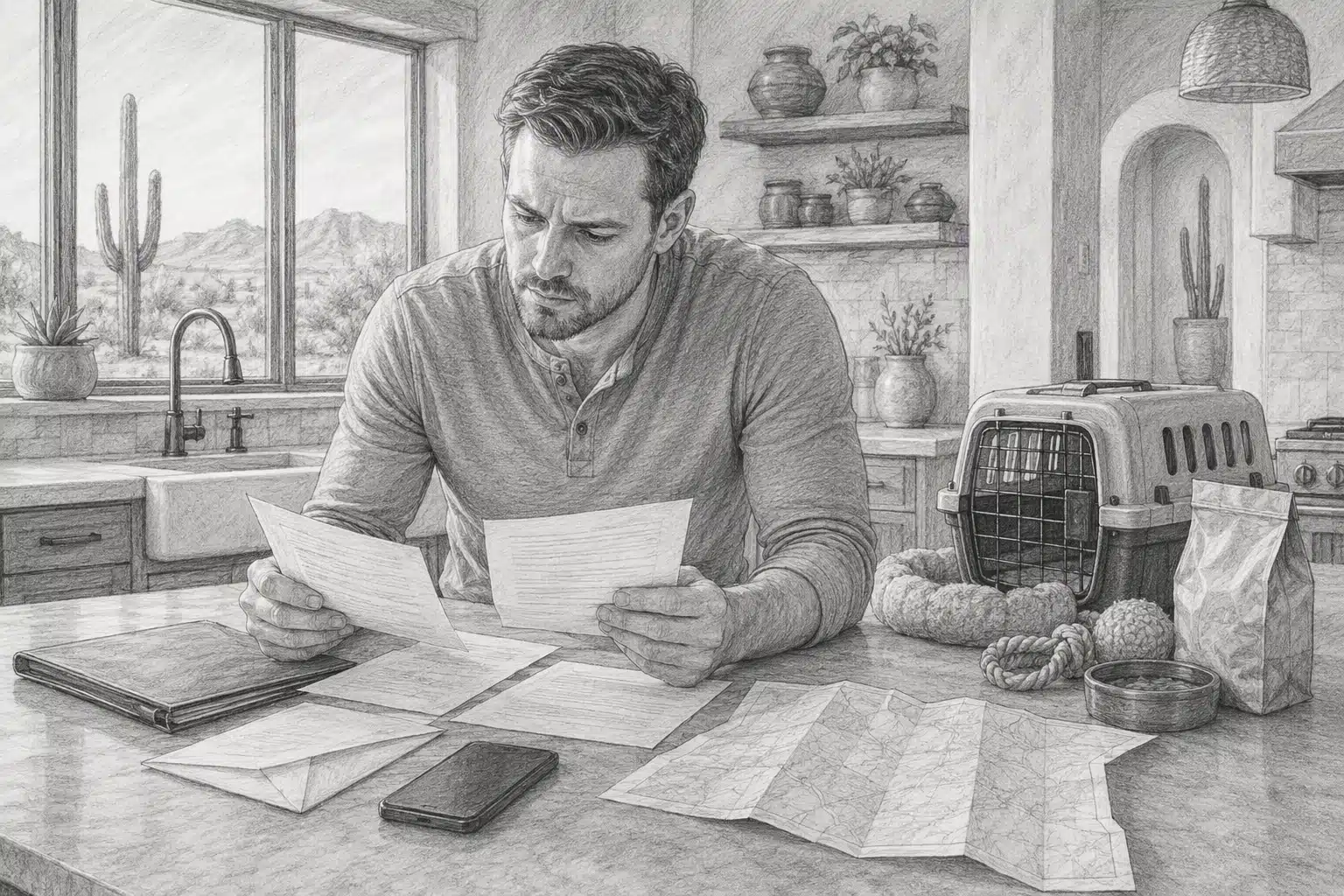 Buyer examining seller documents at kitchen counter
