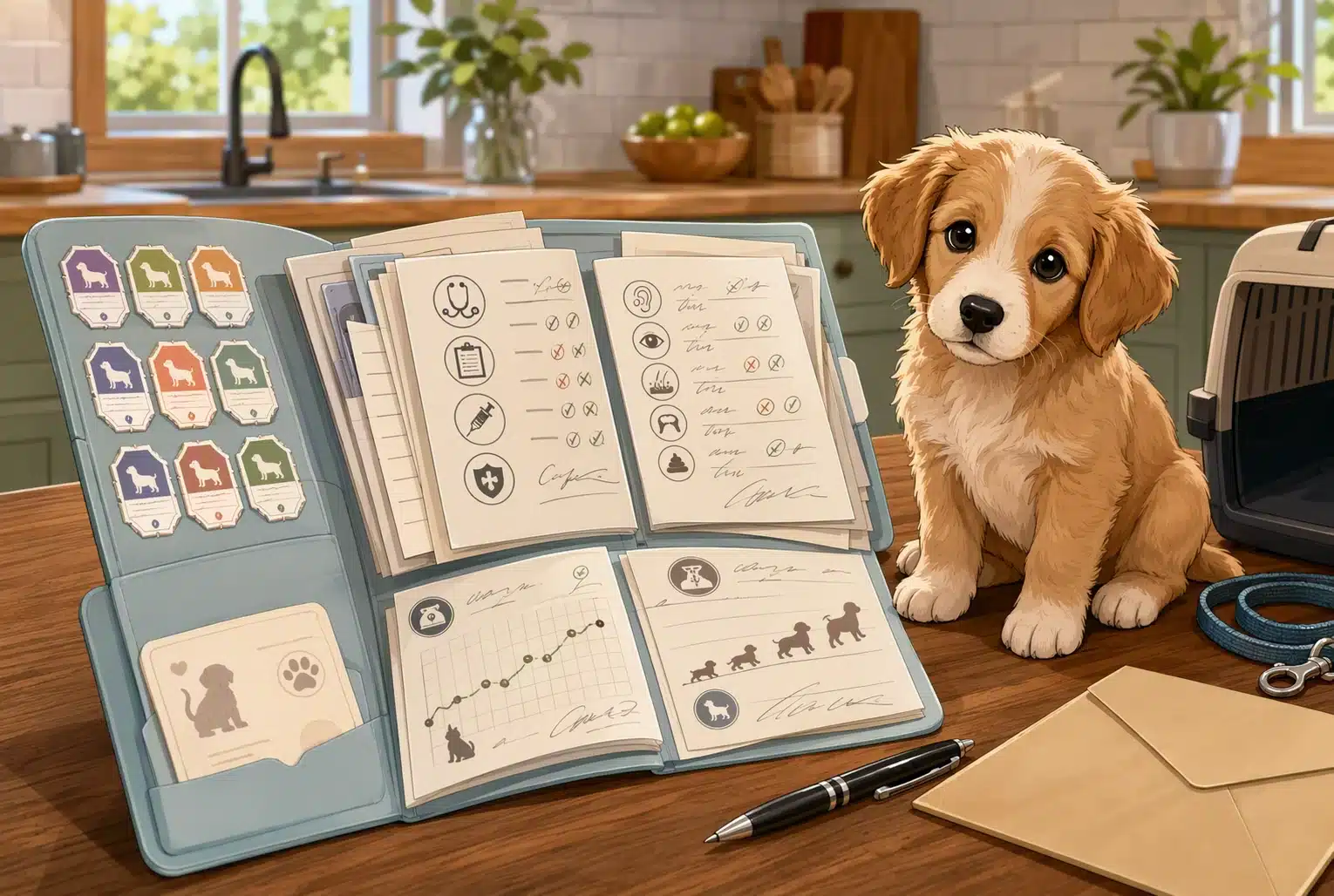 Puppy health folder with vaccination and growth notes