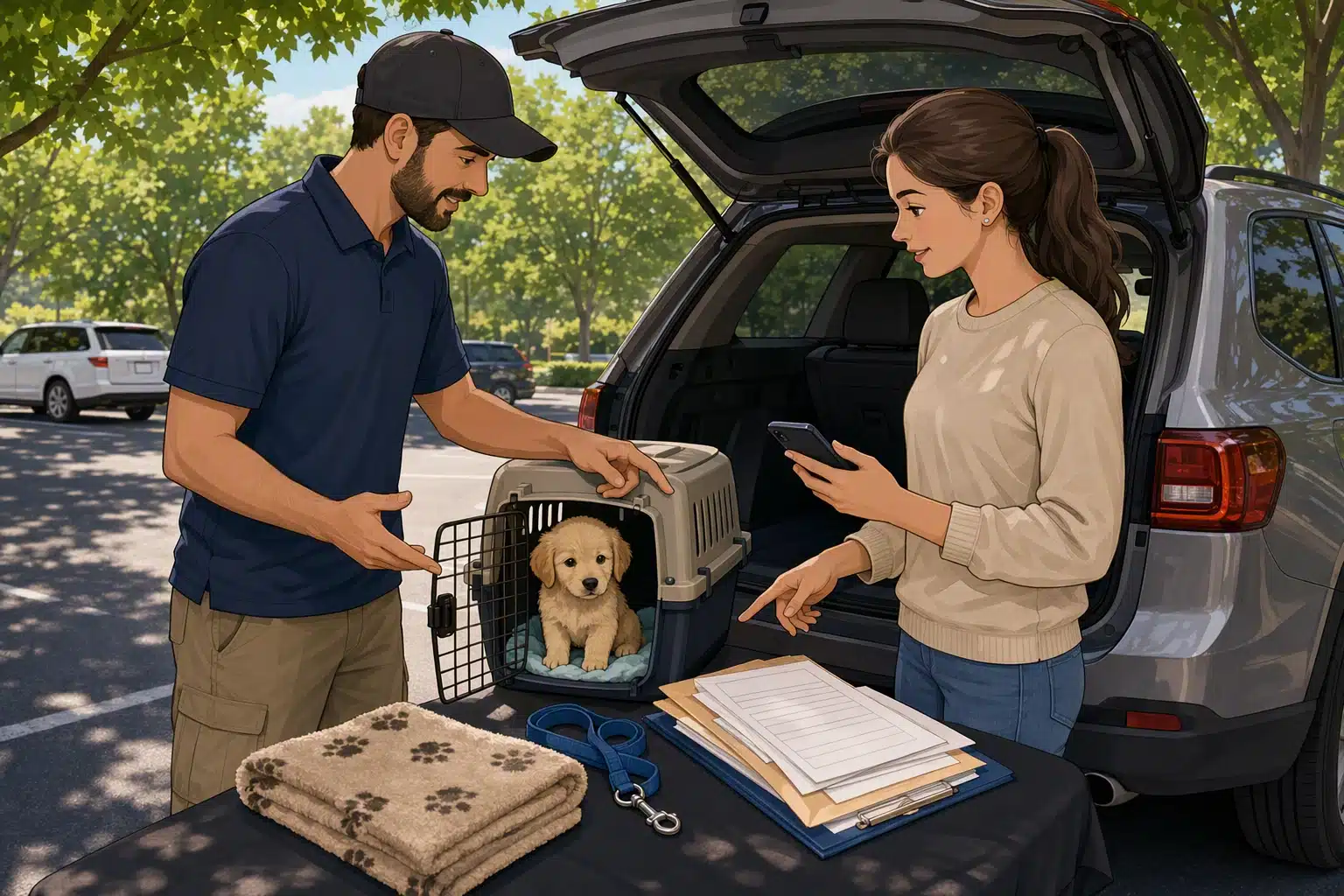 Puppy transfer scene with paperwork and carrier