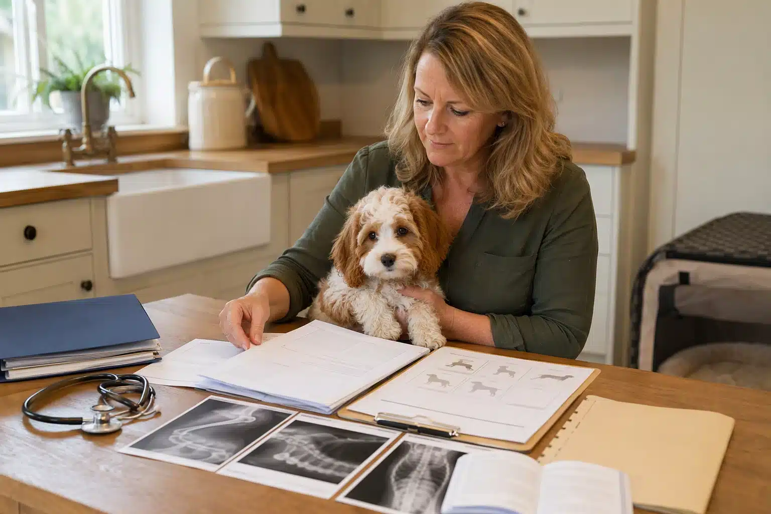 Breeder reviewing puppy health records at kitchen table