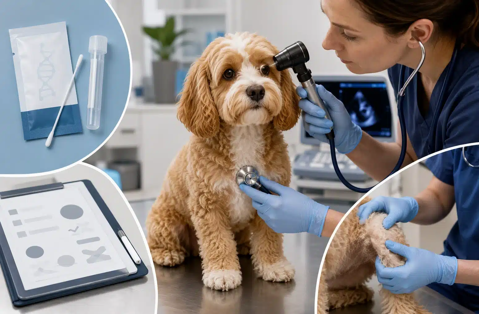 Veterinarian examining Cavapoo DNA and health charts