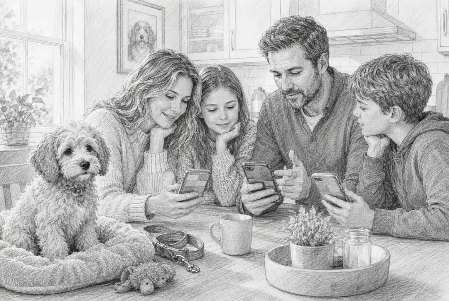 Family reviewing breeder feedback with calm Cavapoo at kitchen table