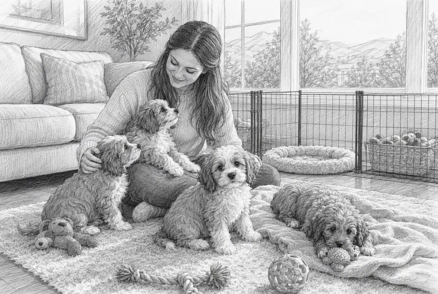 Breeder socializing Cavapoo puppies in living room